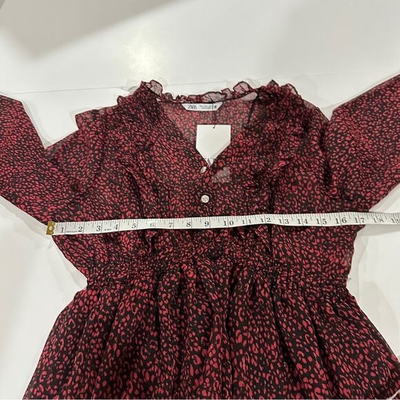 Zara Red & Black Cheetah‎ Print Long Sleeve Ruffled Mini Dress Size L - Picture 9 of 10
